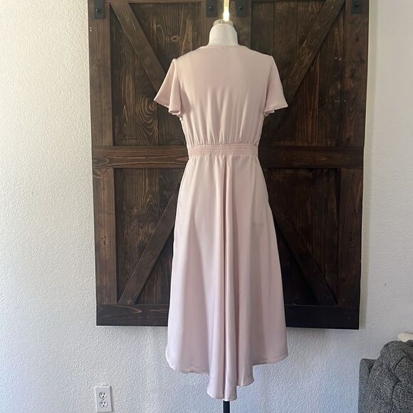 Satin V Neck Ruffle Short Sleeve Tie Front High Waist Midi A-Line Long D… - Picture 7 of 12